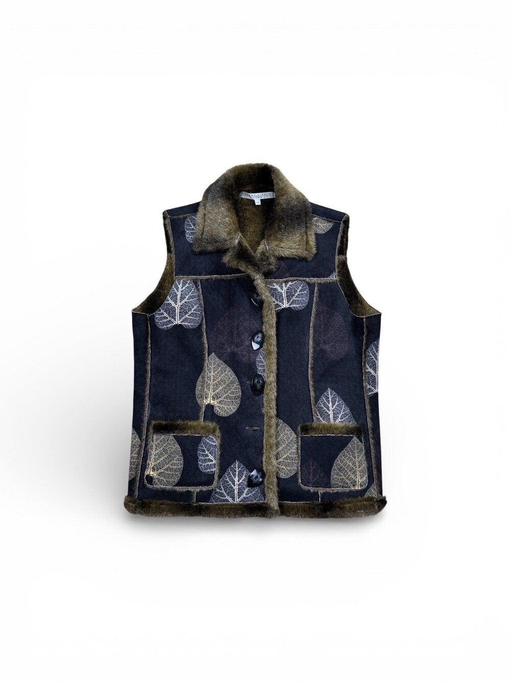 Robert Kitchen Canada VEST Leaves Faux Fur Women's Size L Blue Reversible